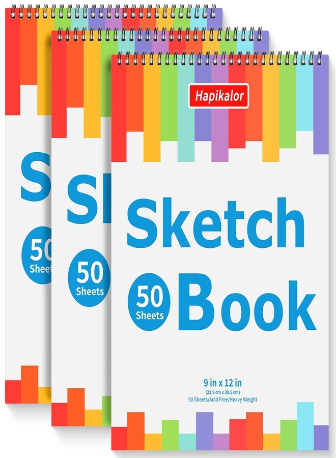 Hapikalor 3-Pack 50 Sheets 9" x 12" Sketch Book, Spiral Bound Art Sketchbook, Bulk School Supplies for Kids, Acid Free Artist Easel Drawing Paper Pad for Drawing Painting Writing Sketching - Image 1
