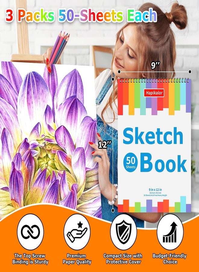 Hapikalor 3-Pack 50 Sheets 9" x 12" Sketch Book, Spiral Bound Art Sketchbook, Bulk School Supplies for Kids, Acid Free Artist Easel Drawing Paper Pad for Drawing Painting Writing Sketching - Image 2