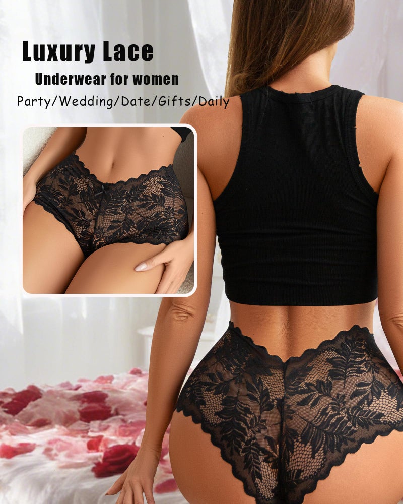 FINETOO Sexy Underwear for Women V-Waist Shorts Women' s Underwear Lightweight Soft Lace High Waist Panties 5 Pack - Image 3