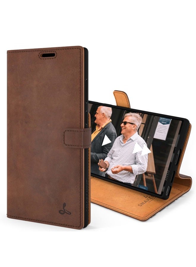 Snakehive Samsung Galaxy S22 Ultra Leather Case | Genuine Leather Wallet Phone Case with Card Holder | Flip Folio Case/Cover with Stand | Compatible with Samsung Galaxy S22 Ultra | (Brown) - Image 1