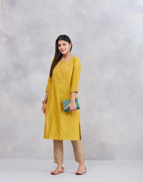 Fabindia Green Cotton Silk Embroidered Long Kurta