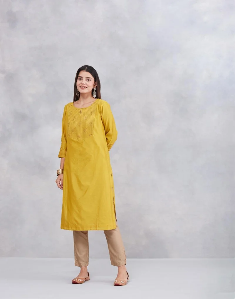 Fabindia Green Cotton Silk Embroidered Long Kurta