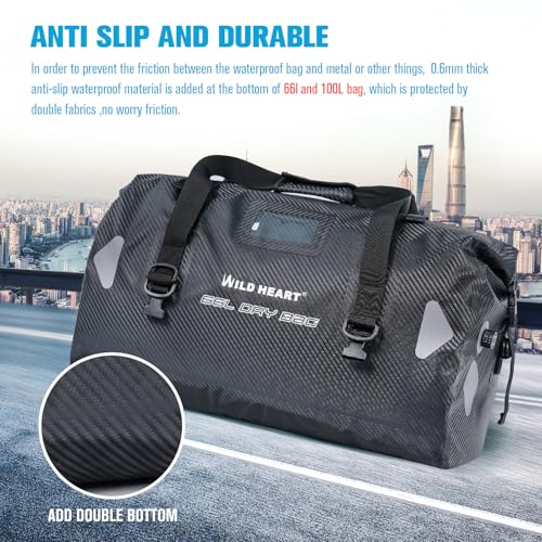 WILD HEART Motorcycle Dry Bag - Waterproof Duffle & Luggage Tail Bag Saddle Bags with Roll Top Closure, Shoulder Straps, Inner Pocket and Straps(66L,Imitation carbon fiber) - Image 3
