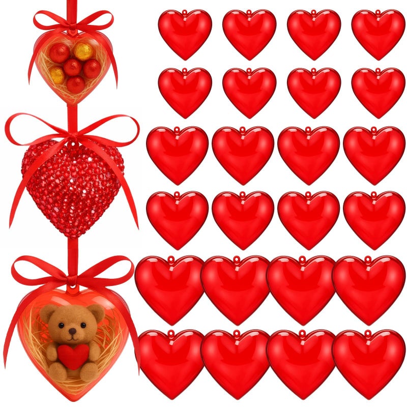 Novabright 24 Pcs Plastic Fillable Heart Ornament Valentine's Day Hanging Ball Heart Valentines Gift with Roll Red Ribbon Christmas Wedding DIY Craft Valentine Party Favor (Red,65/80/100mm) - Image 1