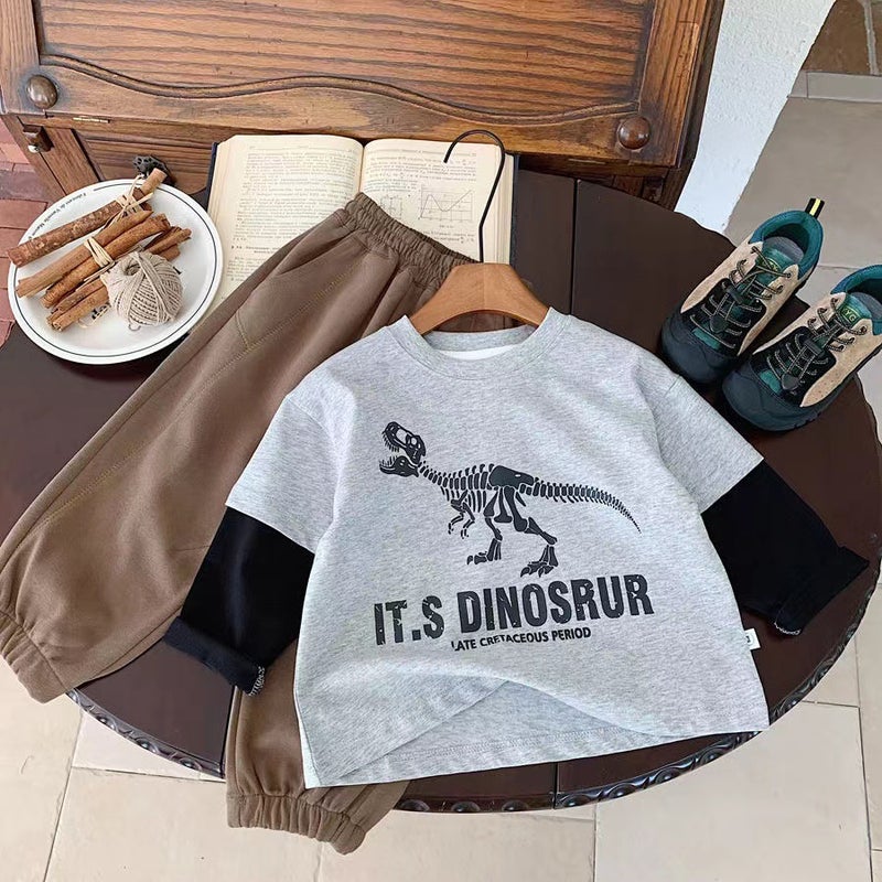 Children'S Long-Sleeved T-Shirt 2024 Autumn New Children'S Fake Two-Piece Cotton Dinosaur Casual Loose Top Pullover - Image 1