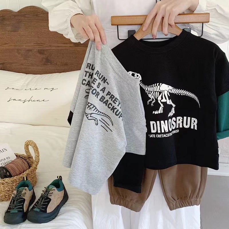 Children'S Long-Sleeved T-Shirt 2024 Autumn New Children'S Fake Two-Piece Cotton Dinosaur Casual Loose Top Pullover - Image 4