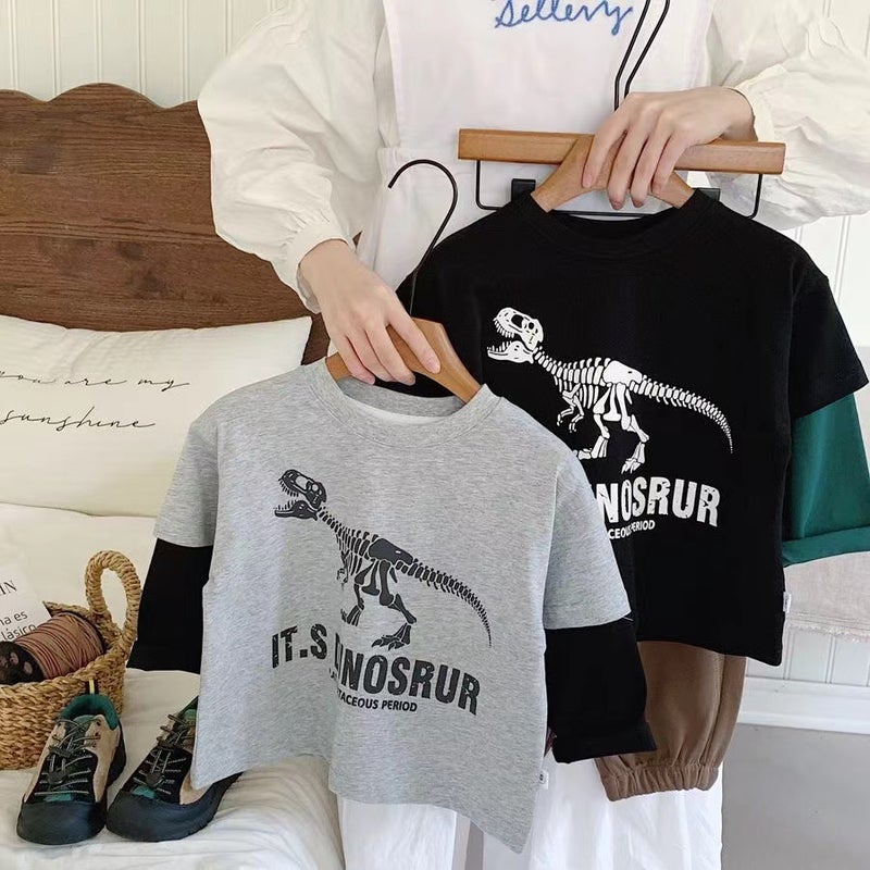 Children'S Long-Sleeved T-Shirt 2024 Autumn New Children'S Fake Two-Piece Cotton Dinosaur Casual Loose Top Pullover - Image 3