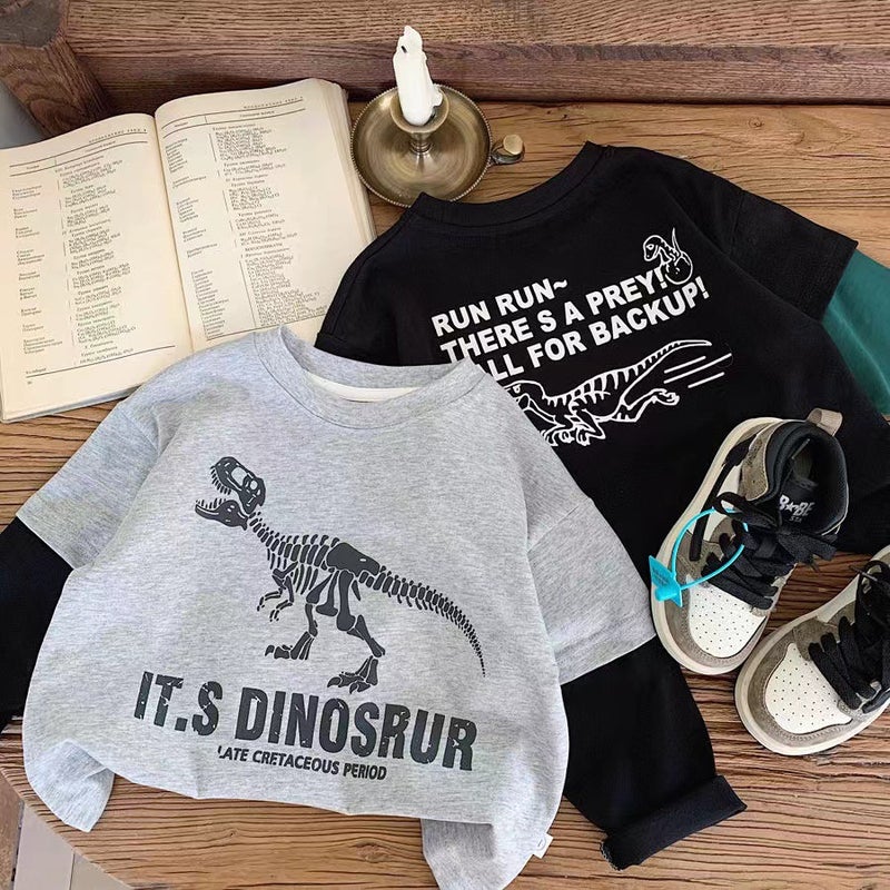 Children'S Long-Sleeved T-Shirt 2024 Autumn New Children'S Fake Two-Piece Cotton Dinosaur Casual Loose Top Pullover - Image 2