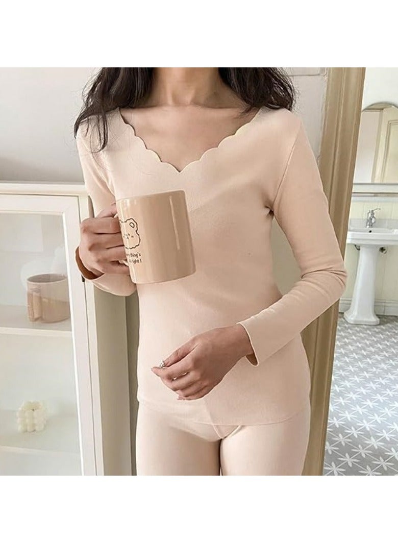 Women's Thermal Underwear Long Johns with Lined Base Layer Cold Weather Pajamas Sets (Beige)  - Image 2