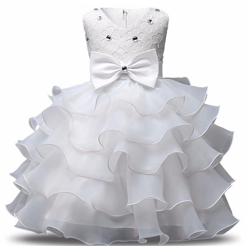 NNJXD Girl Dress Kids Ruffles Lace Party Wedding Dresses Size (90) 12-24 Months White - Image 5