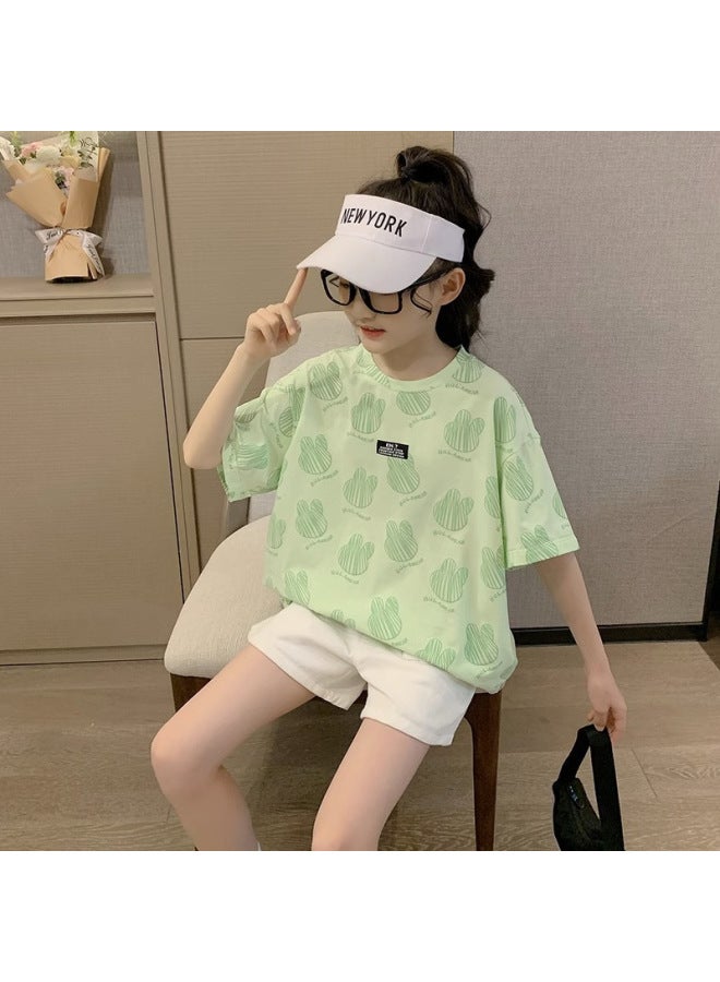 Girls' Short-sleeved T-shirt Summer New Korean Style Children's Middle And Big Children's Thin Fashionable Western Style Top Children's Wear Trendy
