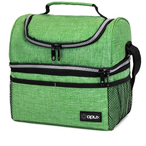 OPUX Lunch Box For Men Women Insulated Large Lunch Bag Adult Work Double Decker Lunchbox Meal Prep Dual Compartment Leakproof Lunch Cooler Soft Lunch Pail Tote Boys Girls Kids School Green 12L