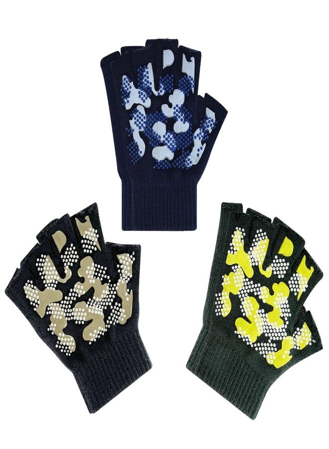 Evridwear Kids Fingerless Winter Warm Gloves,3 Pairs Half Finger Knitted Magic Stretch Gripper Touchscreen Glove for Boys Girls(Camo) - Image 1