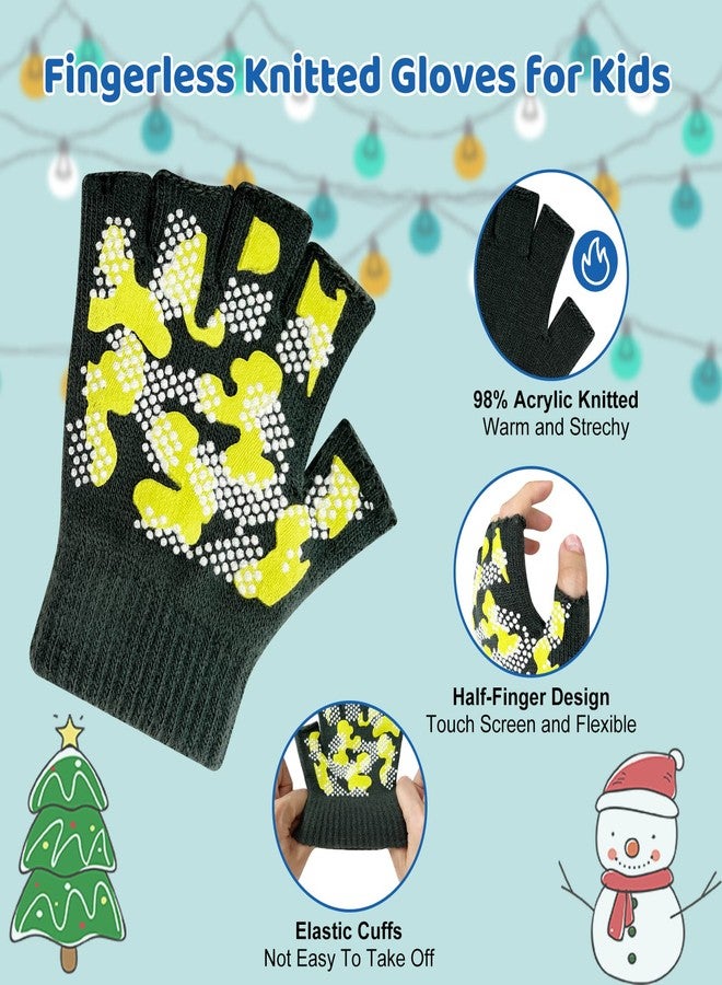 Evridwear Kids Fingerless Winter Warm Gloves,3 Pairs Half Finger Knitted Magic Stretch Gripper Touchscreen Glove for Boys Girls(Camo) - Image 2