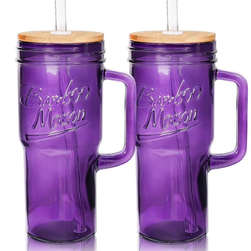 ANOTION Glass Cups with Handle 24oz Glass Cups with Lids and Straws Travel Coffee Mug Bamboo Mason Jar Iced Cup Smoothie Tea Clear Cute Water Drinking Jars Glasses Purple