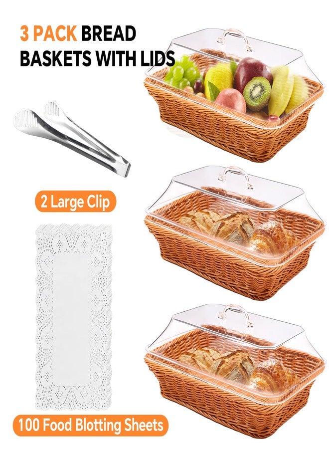 Trez Treamer Rattan Bread Baskets, 3 Pack, rectangular Woven Baskets with Acrylic Lids, 13.8 x 9.8 inches, Stainless Steel Tongs, Lace Doilies, for Bread, Fruit, Food Display - Image 2