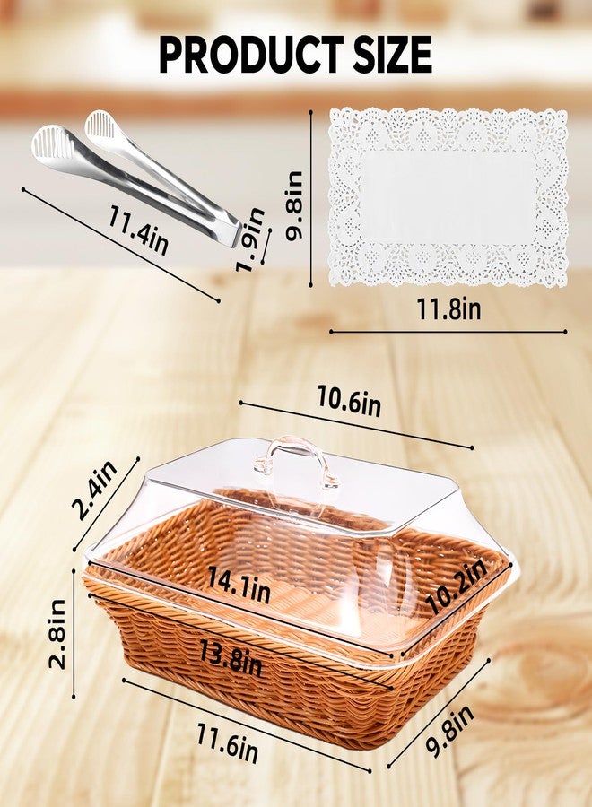 Trez Treamer Rattan Bread Baskets, 3 Pack, rectangular Woven Baskets with Acrylic Lids, 13.8 x 9.8 inches, Stainless Steel Tongs, Lace Doilies, for Bread, Fruit, Food Display - Image 3