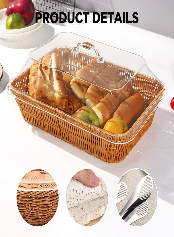 Trez Treamer Rattan Bread Baskets, 3 Pack, rectangular Woven Baskets with Acrylic Lids, 13.8 x 9.8 inches, Stainless Steel Tongs, Lace Doilies, for Bread, Fruit, Food Display - Image 4