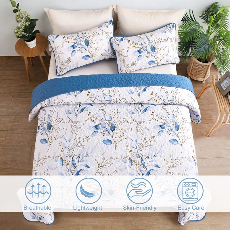 Anibedding Blue Quilt Set California King,3Pieces Reversible Elegant Botanical Blue Leaves Pattern Bedspread Coverlet Soft Microfiber Bed Cover for All Season(106"Ã—96") - Image 2