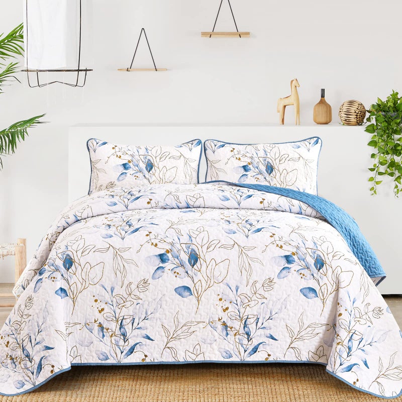 Anibedding Blue Quilt Set California King,3Pieces Reversible Elegant Botanical Blue Leaves Pattern Bedspread Coverlet Soft Microfiber Bed Cover for All Season(106"Ã—96") - Image 1