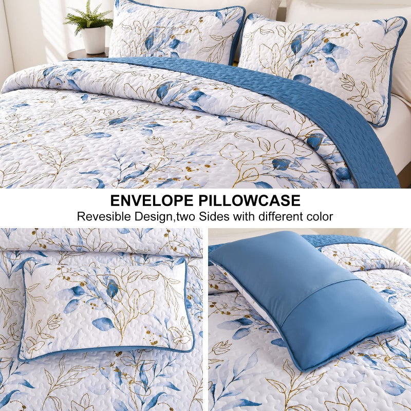 Anibedding Blue Quilt Set California King,3Pieces Reversible Elegant Botanical Blue Leaves Pattern Bedspread Coverlet Soft Microfiber Bed Cover for All Season(106"Ã—96") - Image 5