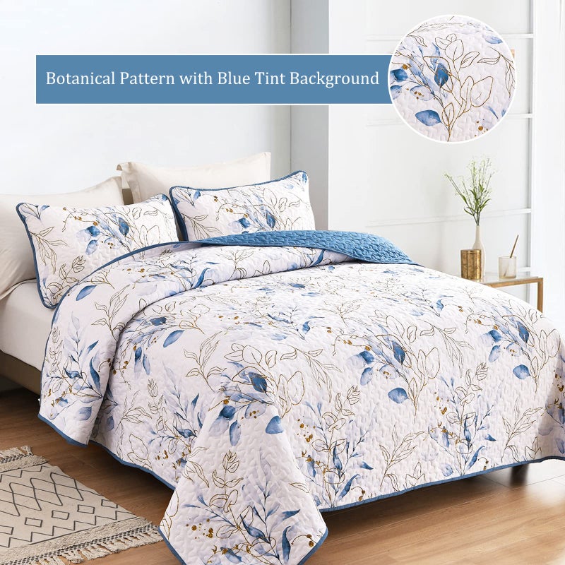 Anibedding Blue Quilt Set California King,3Pieces Reversible Elegant Botanical Blue Leaves Pattern Bedspread Coverlet Soft Microfiber Bed Cover for All Season(106"Ã—96") - Image 3