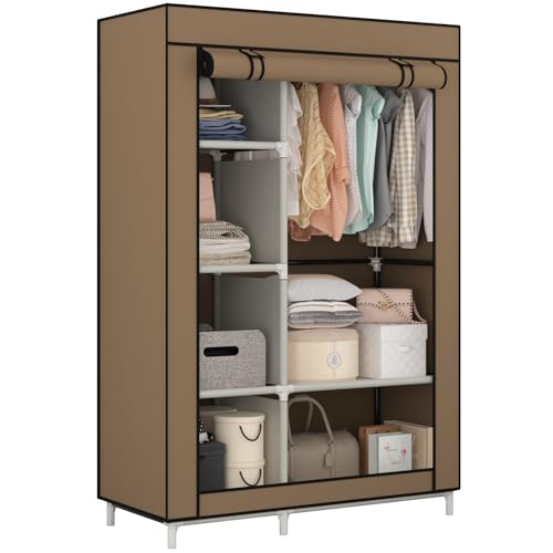Calmootey Portable Closet Organizers, Clothing Storage, Wardrobe with 6 Shelves and Hanging Rod, Non-Woven Fabric Cover with 4 Side Pockets, Brown - Image 1