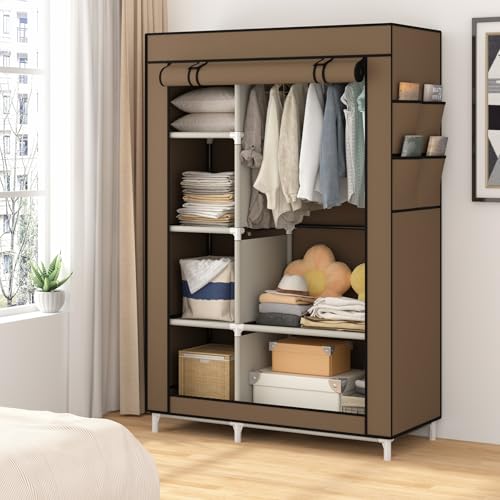 Calmootey Portable Closet Organizers, Clothing Storage, Wardrobe with 6 Shelves and Hanging Rod, Non-Woven Fabric Cover with 4 Side Pockets, Brown - Image 5
