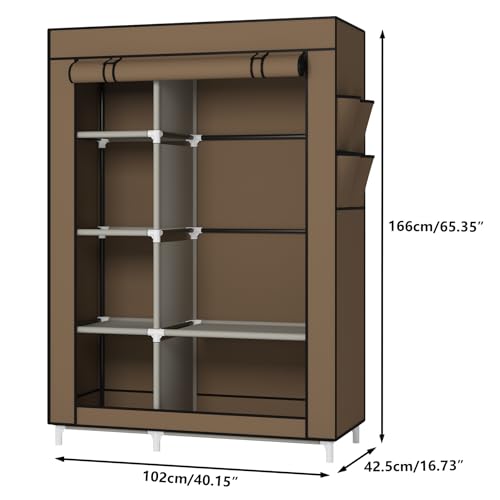Calmootey Portable Closet Organizers, Clothing Storage, Wardrobe with 6 Shelves and Hanging Rod, Non-Woven Fabric Cover with 4 Side Pockets, Brown - Image 3