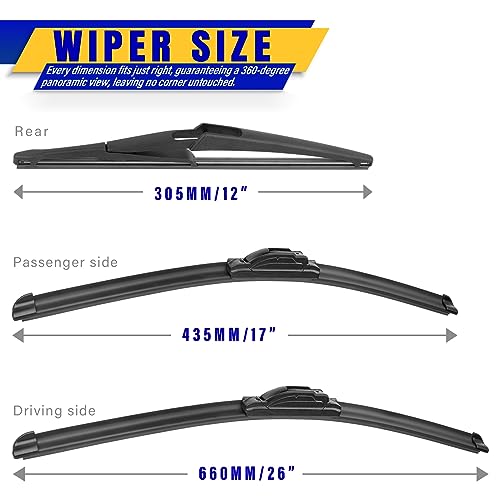 Rooppa 3 wipers Replacement for 2014-2021 2022 2023 Nissan Rogue, Windshield Wiper Blades Original Equipment Replacement - 26"/17"/12" (Set of 3) U/J HOOK - Image 2