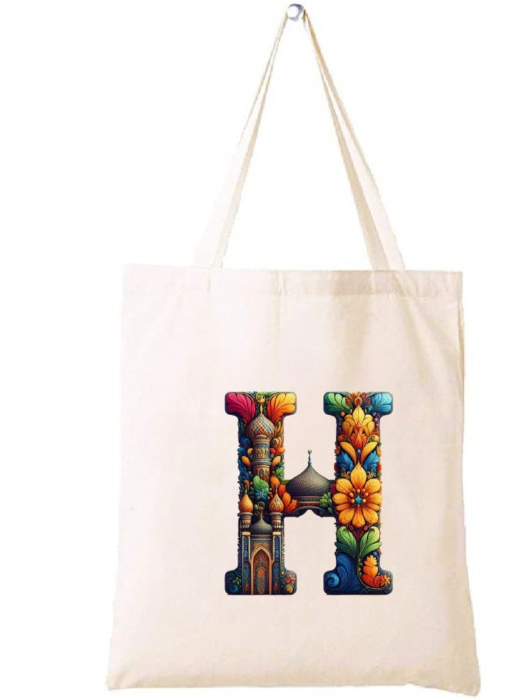 PRINTSHOP4ME Initial Monogram Tote Bag - Cotton Tote with Initial Design Printed - Perfect for School, Travel and Birthday Gift - Eco-Friendly Canvas Cotton Tote Bag for Women - Gift for Ramadan  - Image 1