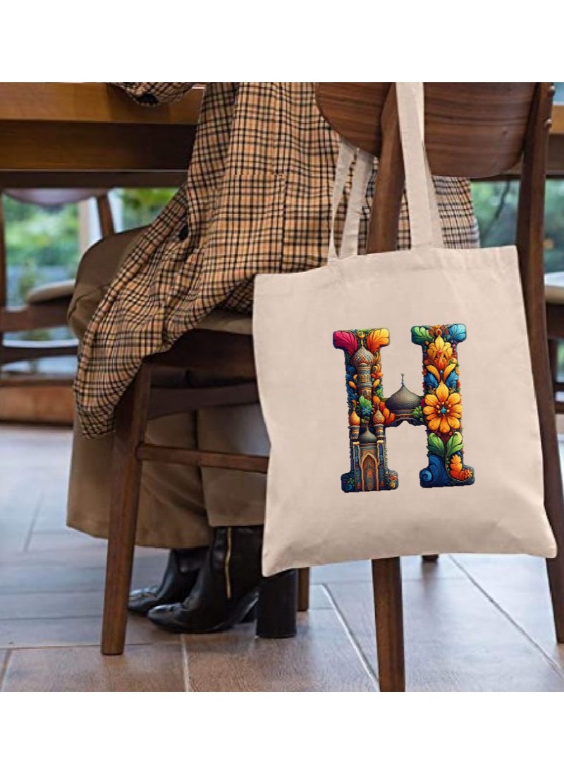 PRINTSHOP4ME Initial Monogram Tote Bag - Cotton Tote with Initial Design Printed - Perfect for School, Travel and Birthday Gift - Eco-Friendly Canvas Cotton Tote Bag for Women - Gift for Ramadan  - Image 3
