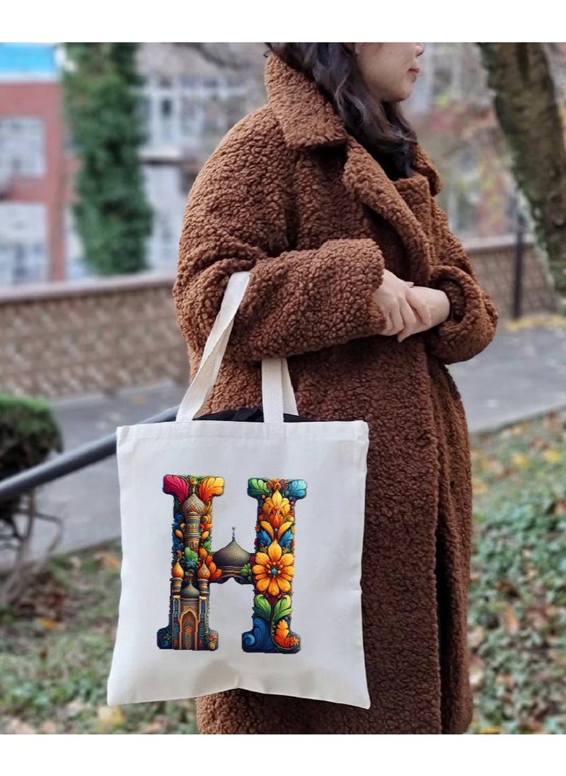 PRINTSHOP4ME Initial Monogram Tote Bag - Cotton Tote with Initial Design Printed - Perfect for School, Travel and Birthday Gift - Eco-Friendly Canvas Cotton Tote Bag for Women - Gift for Ramadan  - Image 5