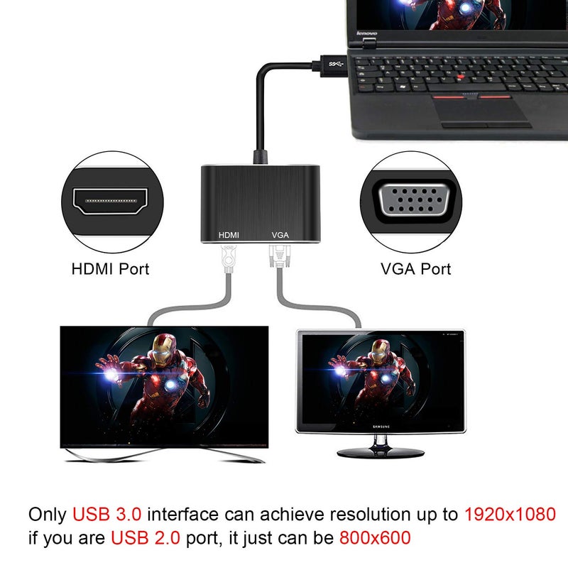 avedio links Tobo USB3.0 to HDMI VGA Adapter, avedio links 1 in 2 USB3.0 to 1080P HDMI VGA Converter, 5 Gbps SuperSpeed USB 3.0 Converter Support HDMI VGA Sync Output for Windows 10/8/7 Only (Black) - Image 3