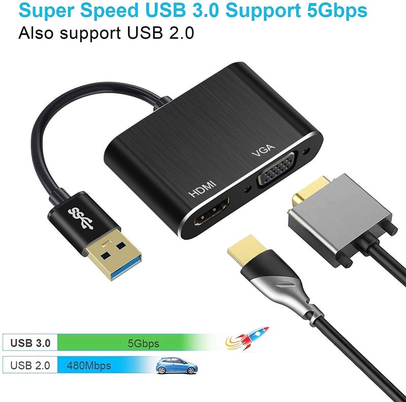 avedio links Tobo USB3.0 to HDMI VGA Adapter, avedio links 1 in 2 USB3.0 to 1080P HDMI VGA Converter, 5 Gbps SuperSpeed USB 3.0 Converter Support HDMI VGA Sync Output for Windows 10/8/7 Only (Black) - Image 2