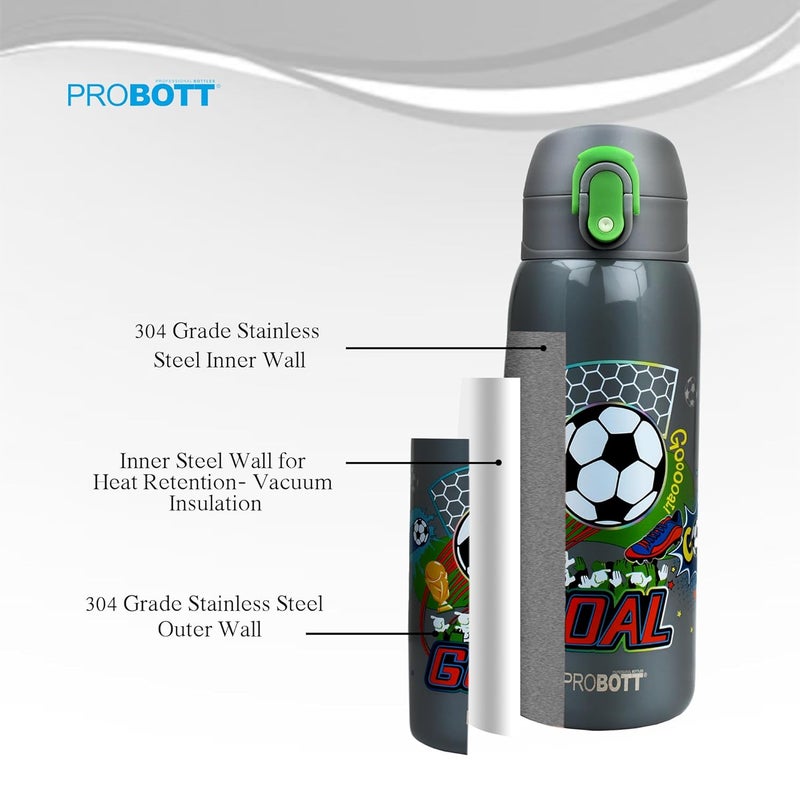 PROBOTT Probott Champ 390ml Thermoses Vacuum Insulated Flask, Stainless Steel Water Bottle for 3-5yrs Kids, Grey | Perfect for Toddlers | Leakproof | School, Picnic, Travel Cartoon Print Bottle for Kid  - Image 2