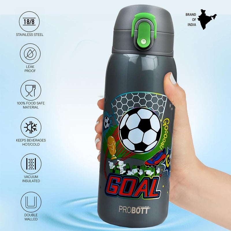 PROBOTT Probott Champ 390ml Thermoses Vacuum Insulated Flask, Stainless Steel Water Bottle for 3-5yrs Kids, Grey | Perfect for Toddlers | Leakproof | School, Picnic, Travel Cartoon Print Bottle for Kid  - Image 3