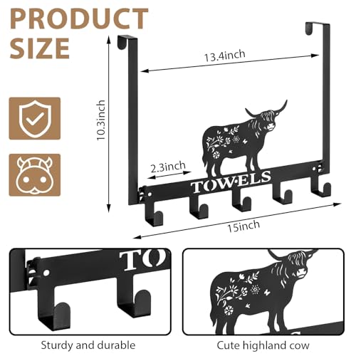 Otoolling Highland Cow Over The Door Hooks Wall Mount Towel Rack Heavy Duty Hanging Towel Holder Metal Highland Cow Decor for Bathroom Bedroom Kitchen Storage Decorative - Image 3