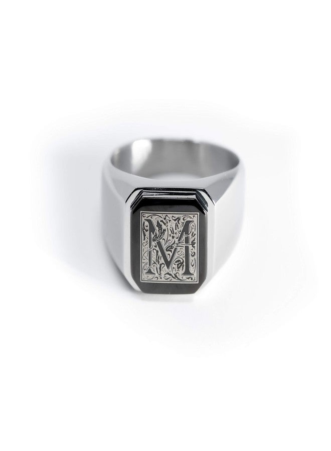 Tioneer Stainless Steel Letter M Alphabet Initial Floral Box Monogram Square Flat Top Biker Style Polished Ring - Image 1