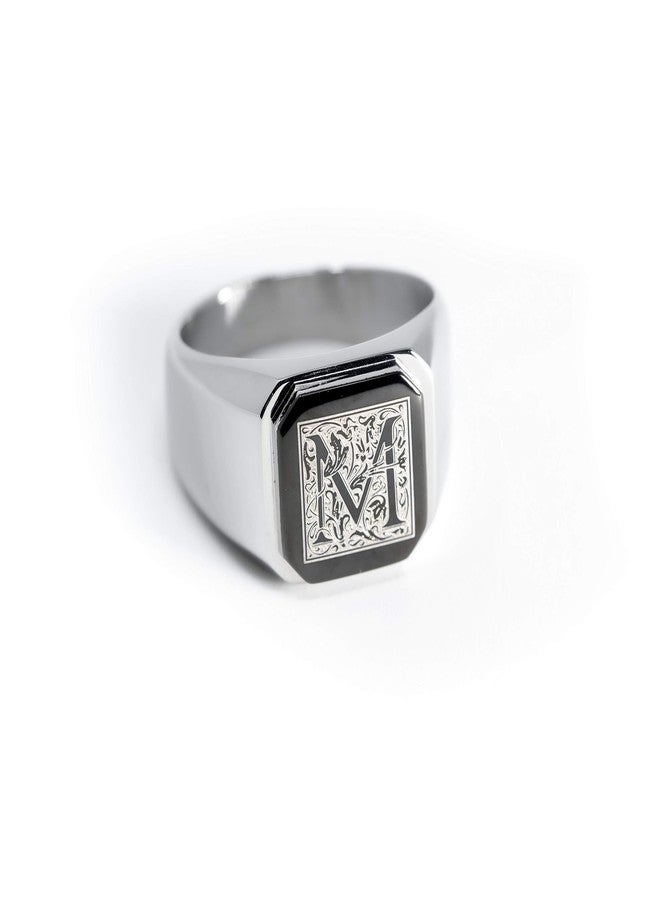 Tioneer Stainless Steel Letter M Alphabet Initial Floral Box Monogram Square Flat Top Biker Style Polished Ring - Image 2