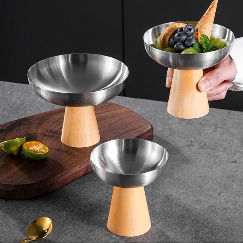 Stainless Steel Dessert with Wooden Base Elegant High Ice Cream Bowl Great for Family Gatherings Feeling Fashion Dessert Cup - Image 4