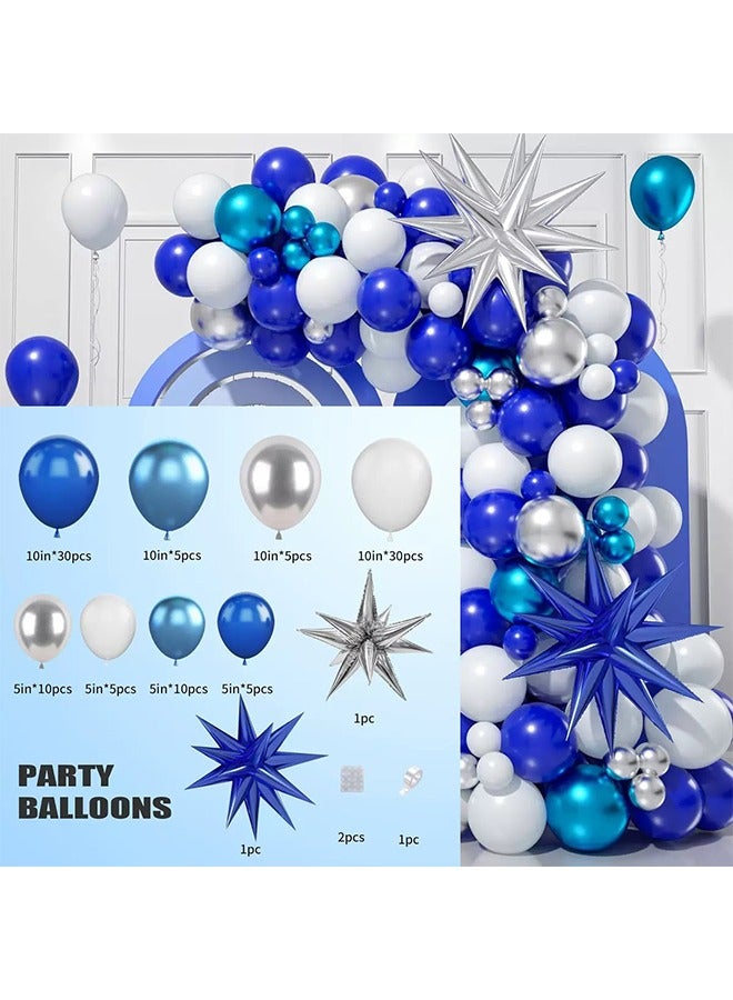 97 PCS أزهار البالونات الزرقاء، مجموعة الأقواس المزخرفة بالحفلات، وحفلات عيد ميلاد البالونات الفضية والخمسة البيضاء، الأعراس، وحمامات الأطفال، وحفلات العرائس الزرقاء