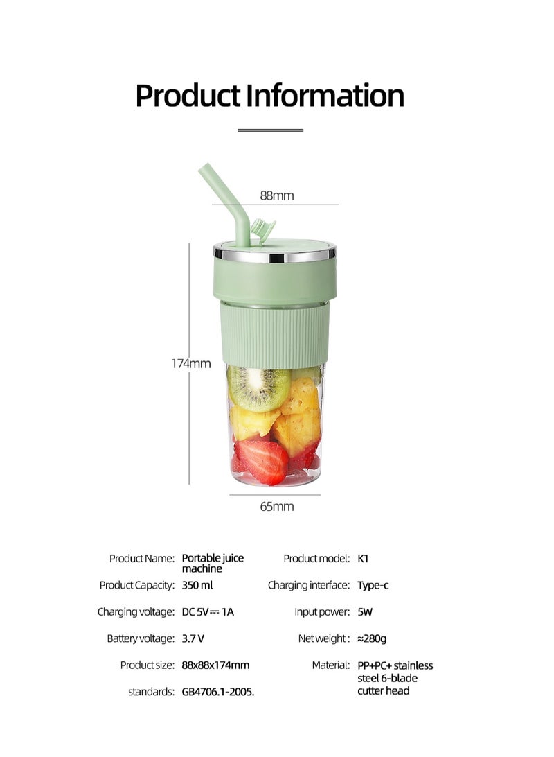 Portable Wireless Juicing Cup - 350ml Electric Sports Blender with 6 Stainless Steel Blades, USB Rechargeable, Dual Speed, Direct Drinking & Ice Crushing, Large Capacity Juice Maker for Home Office Travel Fitness（K1-White）  - Image 2