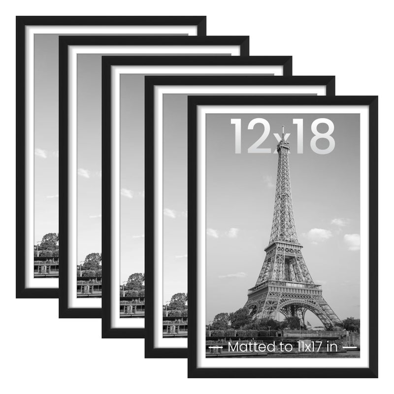 upsimples upsimples 12x18 Picture Frame Set of 5 Display Pictures 11x17 with Mat or 12 x 18 Without Wall Gallery Poster Frames Black