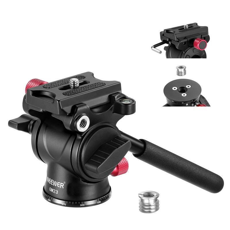 NEEWER Fluid Tripod Head with Handle Arca Type Quick Release Aluminum Alloy Panorama Drag Pan Tilt Head with 43mm Scaled Base for Compact Camcorder DSLR Camera Max Load 3kg66lb GM23 Red - Image 2