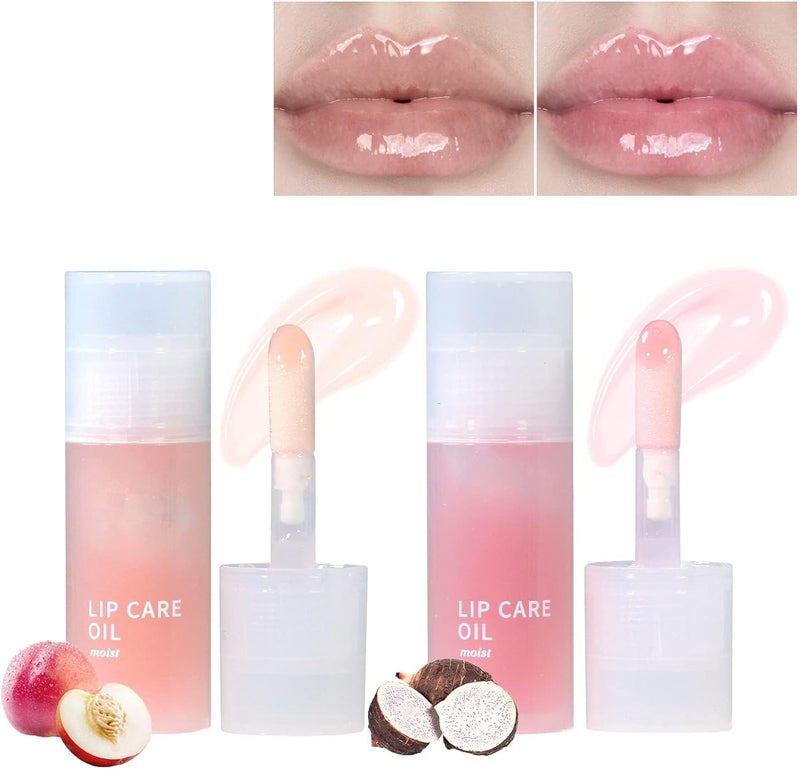 SWIUKPHE Hydrating Lip Glow Oil, Moisturizing Lip Oil Gloss Transparent Toot Lip Oil Non-sticky Plumping Lip Oil Tinted Clear Lip Gloss Nourishing Repairing Reducing Lip Lines (White Peach and Taro),2Pcs - Image 1