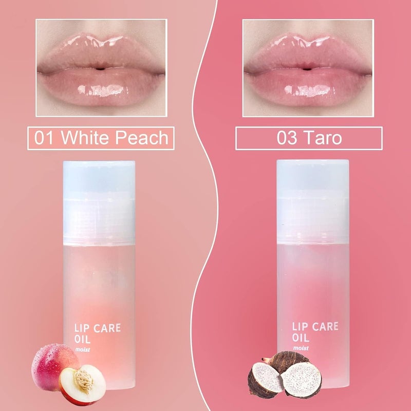 SWIUKPHE Hydrating Lip Glow Oil, Moisturizing Lip Oil Gloss Transparent Toot Lip Oil Non-sticky Plumping Lip Oil Tinted Clear Lip Gloss Nourishing Repairing Reducing Lip Lines (White Peach and Taro),2Pcs - Image 2
