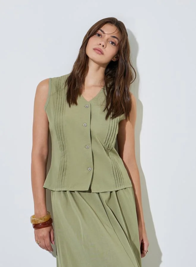 Styli Green Pintuck Detail Top and A-Line Maxi Skirt Set