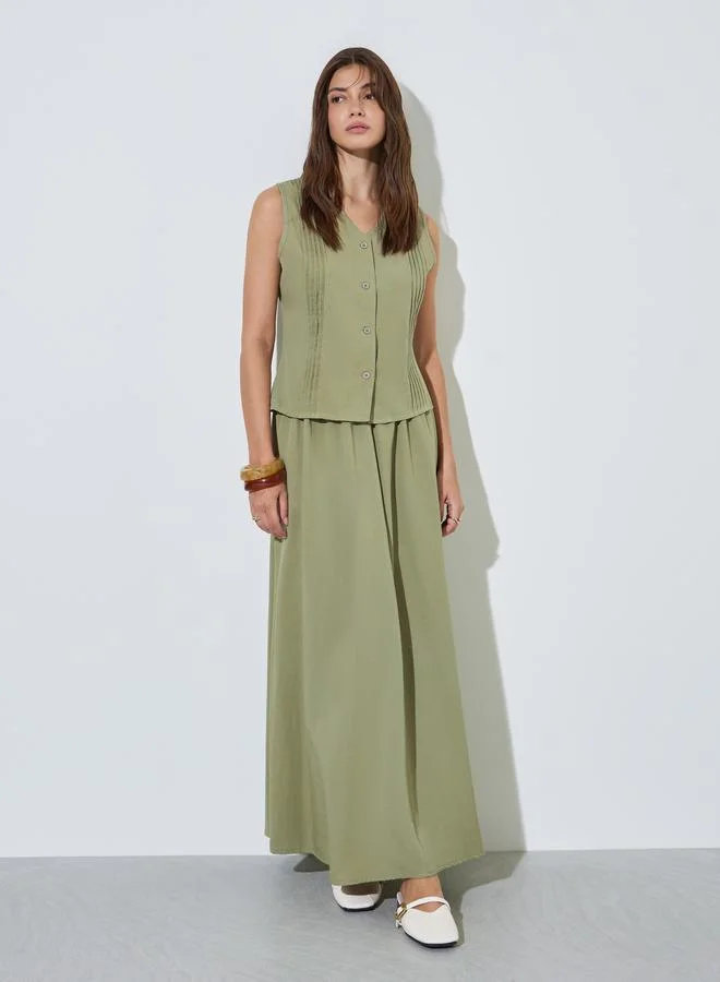 Styli Green Pintuck Detail Top and A-Line Maxi Skirt Set