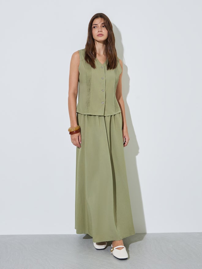 Styli Green Pintuck Detail Top and A-Line Maxi Skirt Set - Image 1